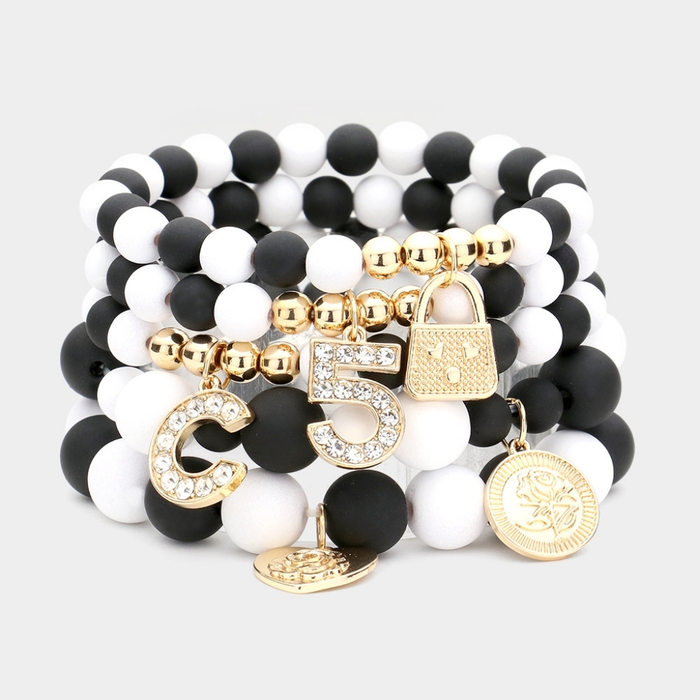 Black And White Gold Lock Beaded Stretch Bracelet Cute Fashion Accessories